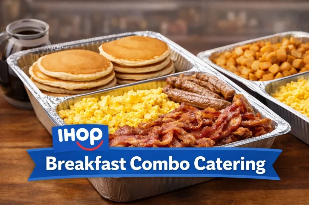 IHOP breakfast combo catering tray with pancakes eggs and bacon
